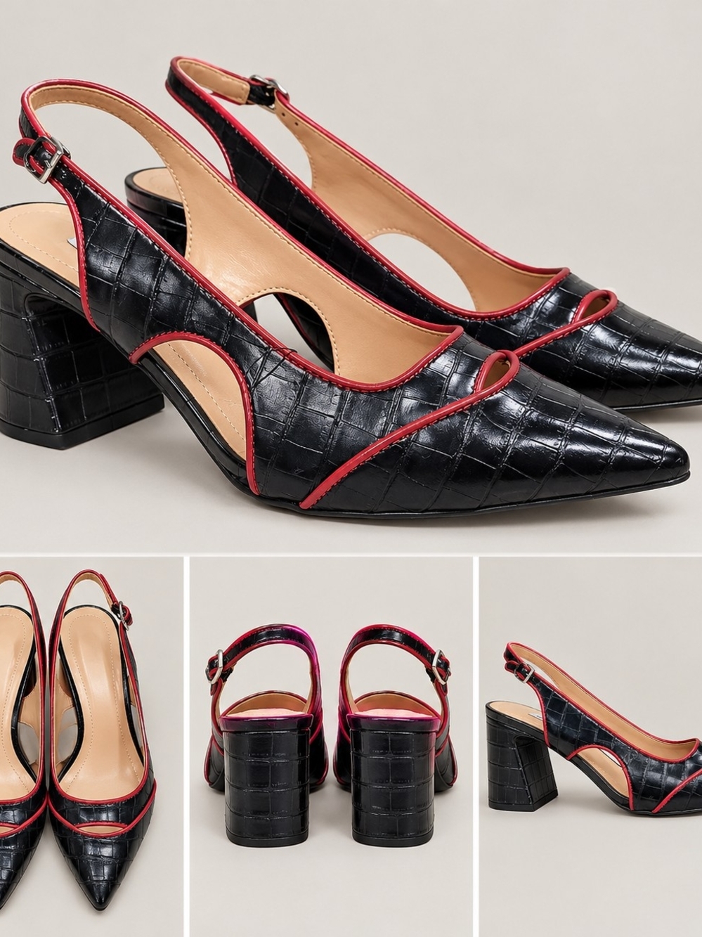 NIB Charles David Anstead Black Croc Red Trim Slingback Block Heel Pumps Size 9M
